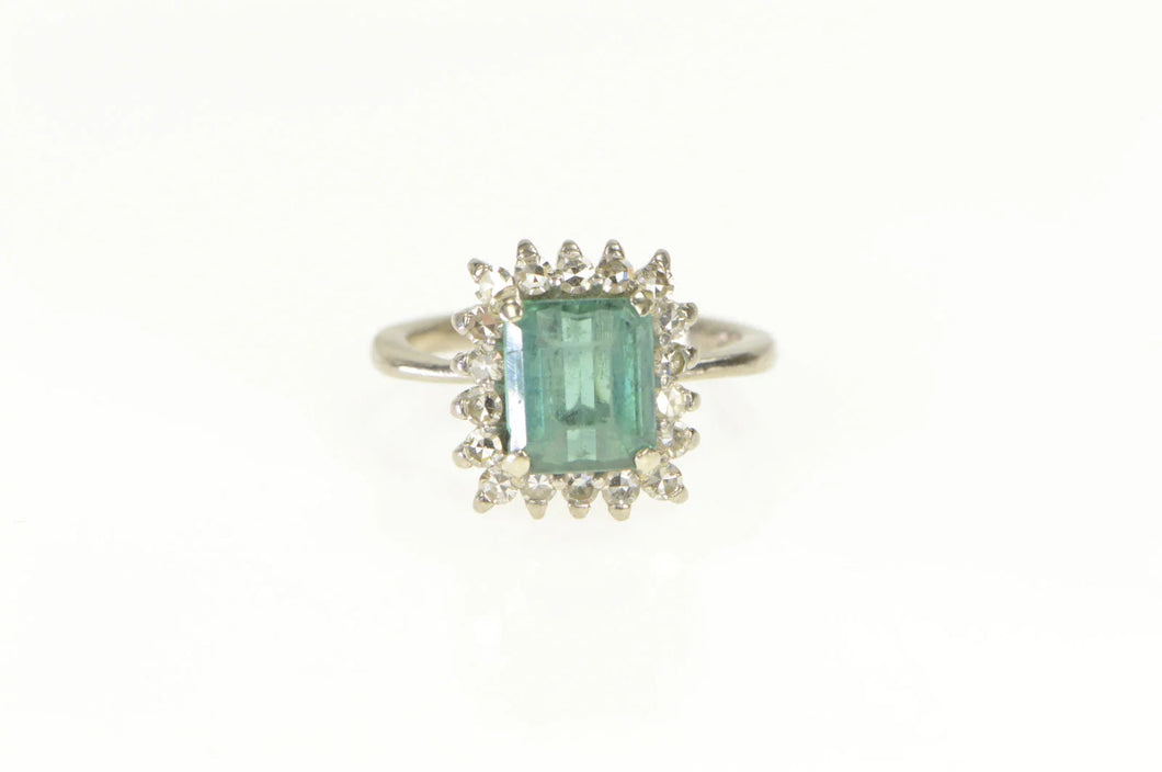 18K 1940's Emerald Cut Fluorite Diamond Halo Ring White Gold