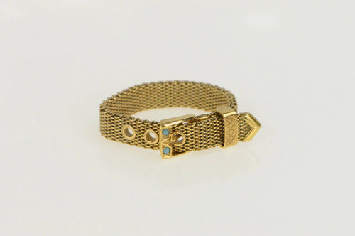 18K Victorian Turquoise Mesh Belt Buckle Chain Ring Yellow Gold