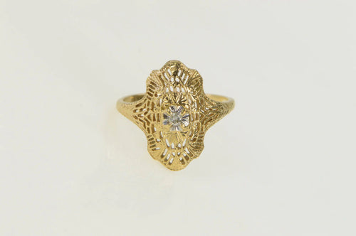 10K Art Deco Filigree Ornate Diamond Vintage Ring Yellow Gold