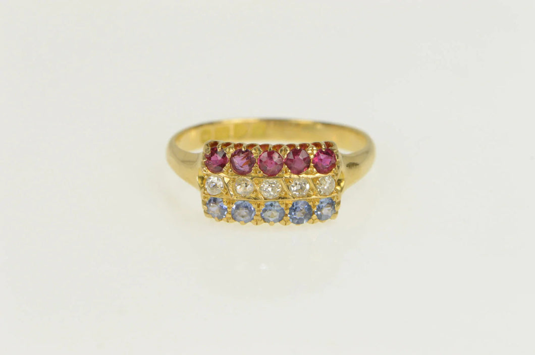 18K 1913 1.10Ctw OEC Diamond Sapphire Ruby Band Ring Yellow Gold