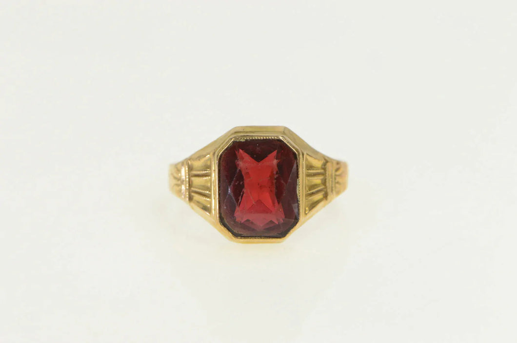 10K 1940's Emerald Cut Garnet Squared Statement Ring Yellow Gold