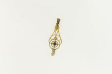 Load image into Gallery viewer, 10K Victorian Sapphire Seed Pearl Ornate Drop Pendant Yellow Gold