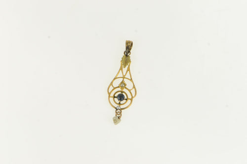 10K Victorian Sapphire Seed Pearl Ornate Drop Pendant Yellow Gold