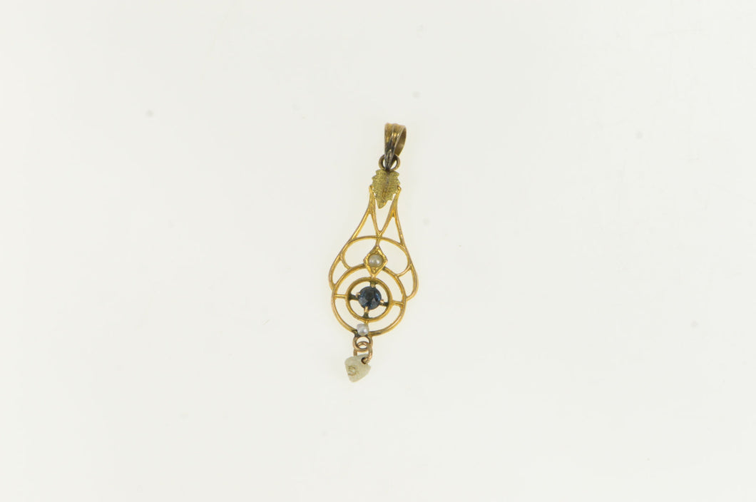10K Victorian Sapphire Seed Pearl Ornate Drop Pendant Yellow Gold