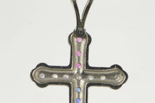 Load image into Gallery viewer, 14K Diamond Sapphire Ruby Cross Christian Pendant White Gold