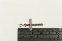 Load image into Gallery viewer, 14K Diamond Sapphire Ruby Cross Christian Pendant White Gold