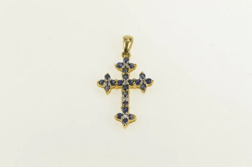 10K Sapphire Diamond Classic Vintage Cross Pendant Yellow Gold