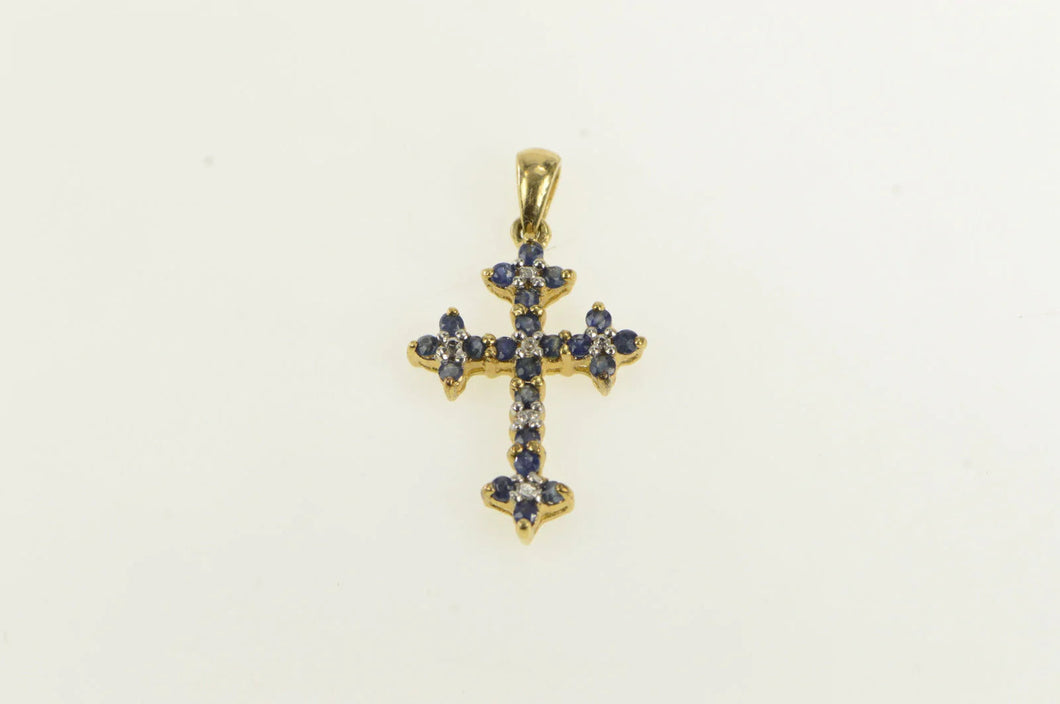 10K Sapphire Diamond Classic Vintage Cross Pendant Yellow Gold