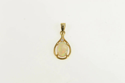 14K Oval Natural Opal Diamond Accent Vintage Pendant Yellow Gold