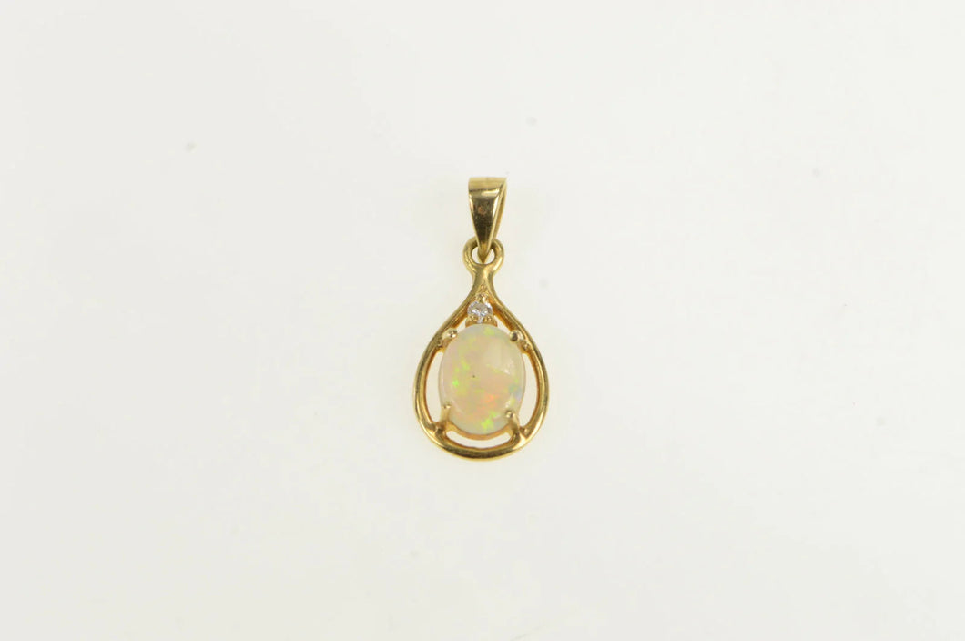 14K Oval Natural Opal Diamond Accent Vintage Pendant Yellow Gold