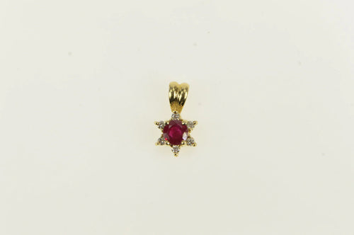 14K 0.55 Ctw Natural Ruby Diamond Halo Flower Pendant Yellow Gold