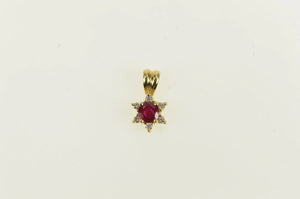 14K 0.55 Ctw Natural Ruby Diamond Halo Flower Pendant Yellow Gold