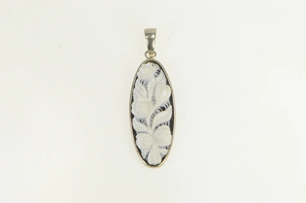 Sterling Silver Carved Onyx Floral Rose Bouquet Statement Pendant