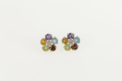 14K Garnet Amethyst Peridot Diamond Flower Stud Earrings White Gold