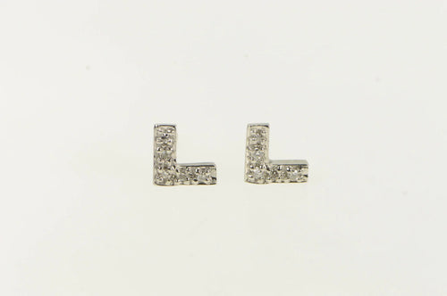 14K Diamond L Letter Initial Arrow Chevron Stud Earrings White Gold