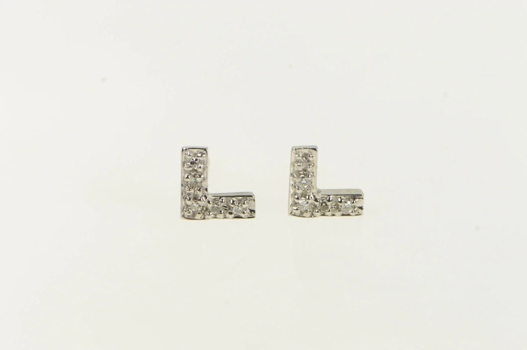 14K Diamond L Letter Initial Arrow Chevron Stud Earrings White Gold