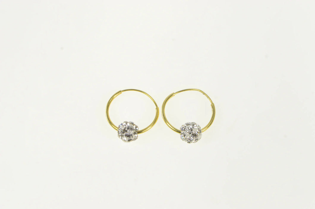 14K Pave Rhinestone Ball Accent Huggies Hoop Earrings Yellow Gold