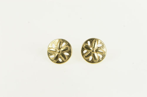 14K Diamond Cut Sand Dollar Sea Shell Stud Earrings Yellow Gold