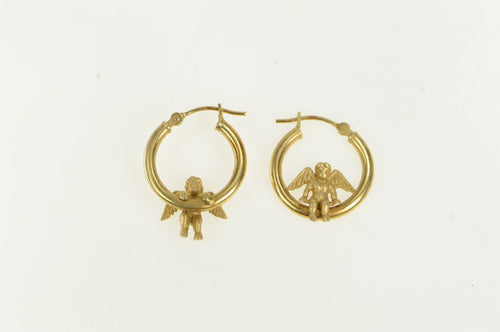 14K Cherub Guardian Angel Accent Statement Hoop Earrings Yellow Gold