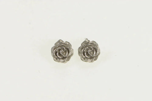 14K 3D Rose Flower Romantic Vintage Stud Earrings White Gold