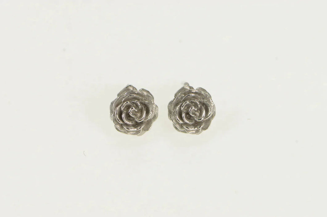 14K 3D Rose Flower Romantic Vintage Stud Earrings White Gold