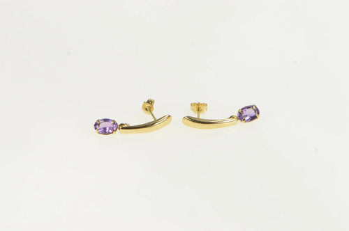 10K Oval Amethyst Dangle Curved Bar Vintage Earrings Yellow Gold