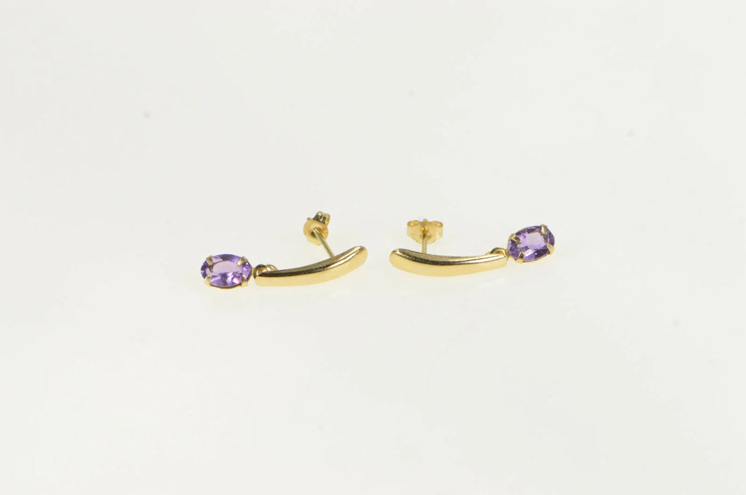 10K Oval Amethyst Dangle Curved Bar Vintage Earrings Yellow Gold