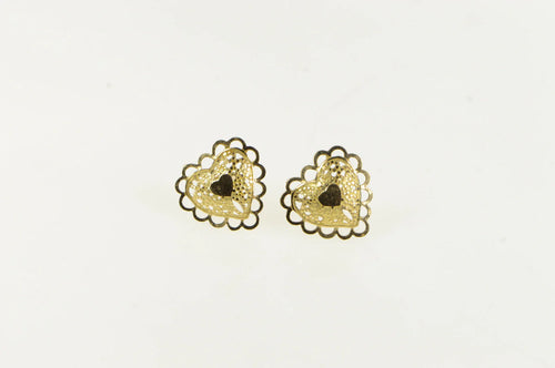 14K Heart Scalloped Filigree Love Symbol Stud Earrings Yellow Gold