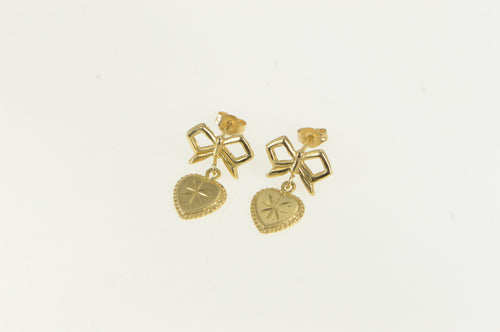 14K Heart Love Symbol Ribbon Bow Dangle Earrings Yellow Gold