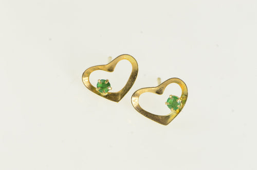 14K Heart Love Symbol Emerald Accent Stud Earrings Yellow Gold