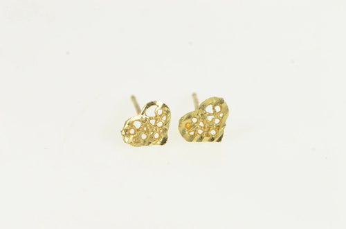 14K Diamond Cut Heart Love Symbol FIligree Stud Earrings Yellow Gold