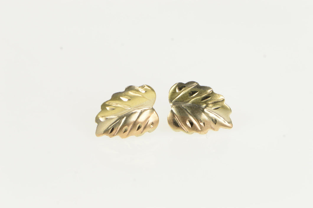 14K Diamond Cut Leaf Nature Motif Stud Earrings Yellow Gold