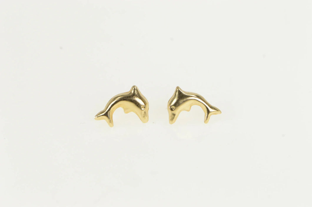 14K Dolphin Ocean Animal Vintage Stud Earrings Yellow Gold