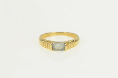 14K Emerald Cut Blue Topaz Grooved Statement Ring Yellow Gold