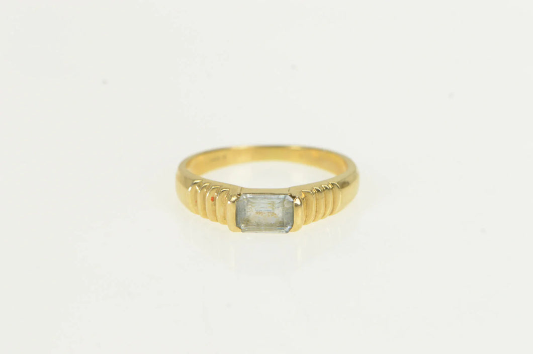 14K Emerald Cut Blue Topaz Grooved Statement Ring Yellow Gold