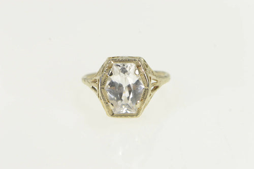 10K Art Deco Ornate Filigree CZ Statement Vintage Ring White Gold