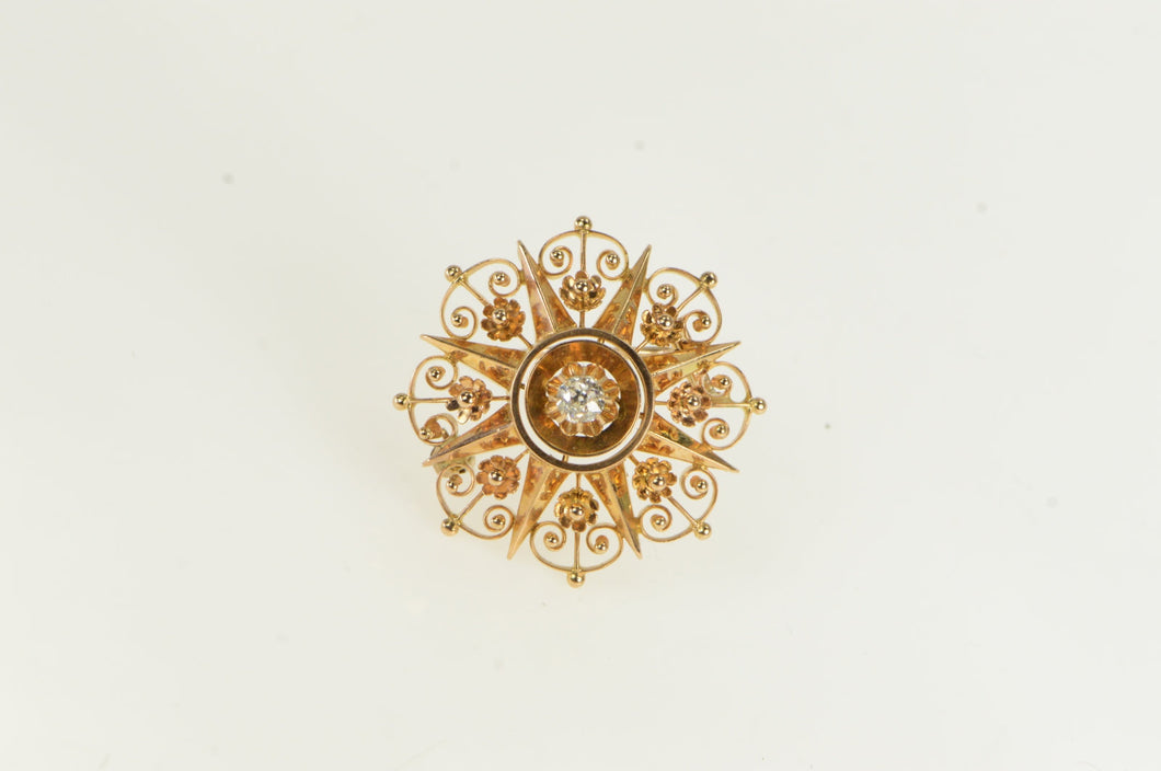 14K 0.20 Ct OEC Diamond Victorian Ornate Filigree Pin/Brooch Yellow Gold