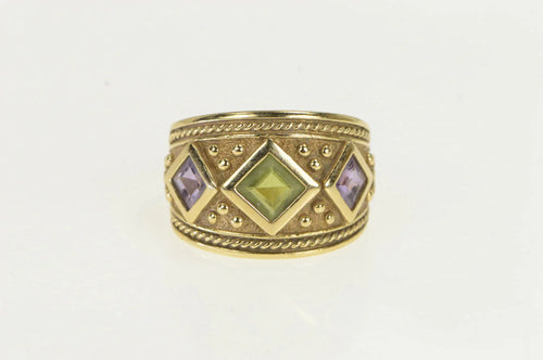 14K Peridot Amethyst Etruscan Revival Band Ring Yellow Gold