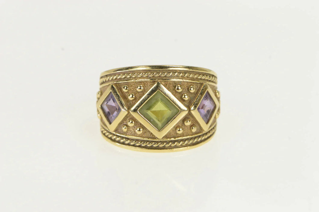 14K Peridot Amethyst Etruscan Revival Band Ring Yellow Gold