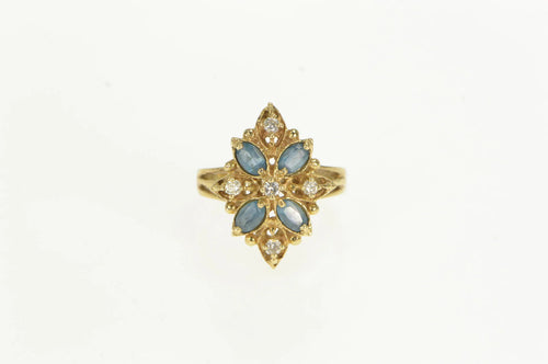 14K Elaborate Blue Topaz Diamond Vintage Cocktail Ring Yellow Gold