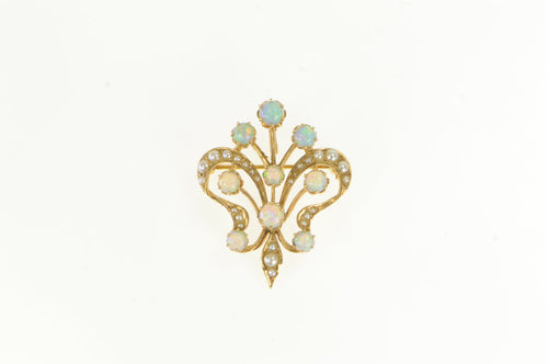 14K Victorian Opal Seed Pearl Fleur De Lis Pendant/Pin Yellow Gold