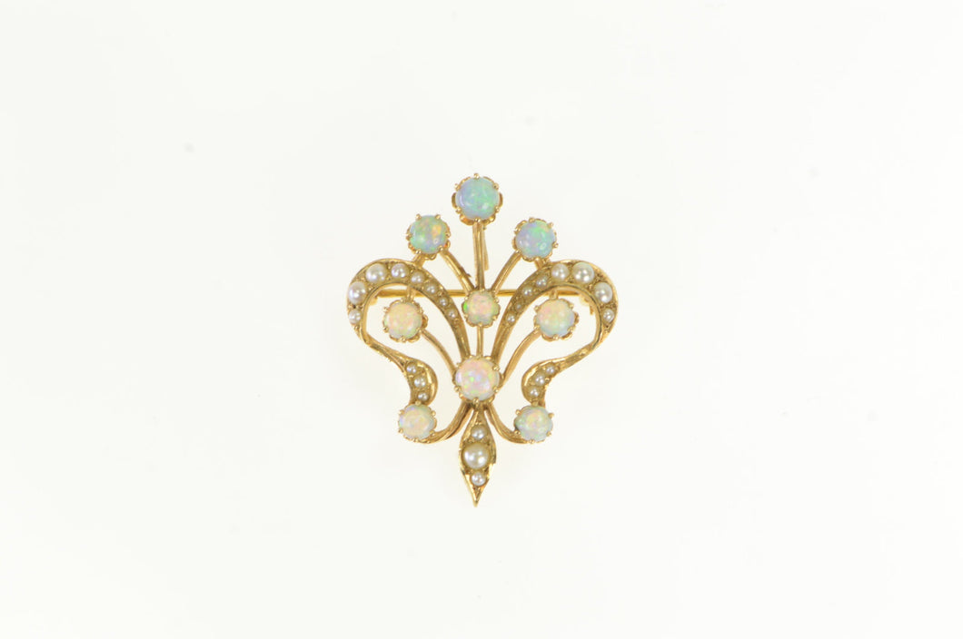 14K Victorian Opal Seed Pearl Fleur De Lis Pendant/Pin Yellow Gold
