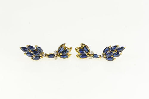 14K Marquise Sapphire Diamond Cluster Dangle Earrings Yellow Gold