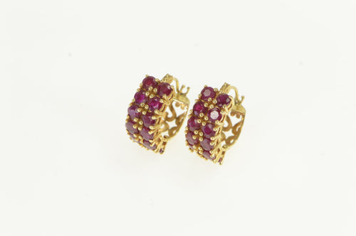 14K Natural Ruby Ornate Filigree Statement Hoop Earrings Yellow Gold