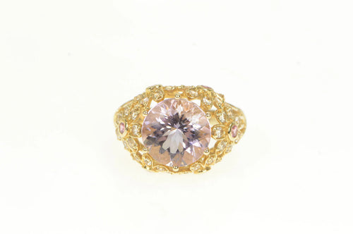 14K Pink Topaz Diamond Vine Filigree Statement Ring Yellow Gold