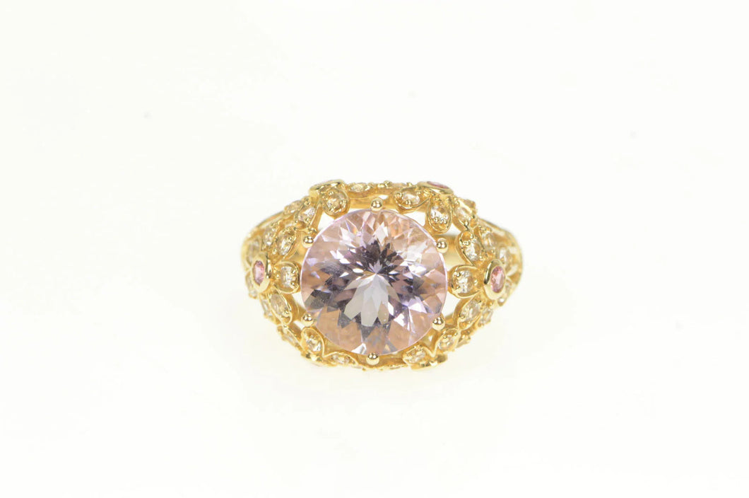 14K Pink Topaz Diamond Vine Filigree Statement Ring Yellow Gold