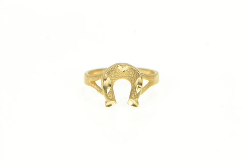 14K Horse Shoe Diamond Cut Good Luck Lucky Ring Yellow Gold