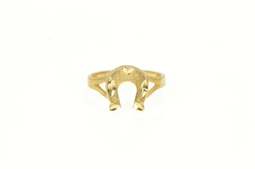 14K Horse Shoe Diamond Cut Good Luck Lucky Ring Yellow Gold