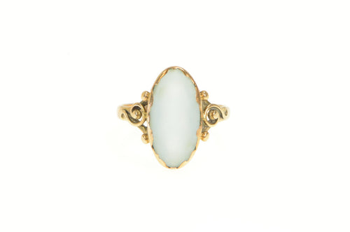 14K Ornate Blue Sea Glass Oval Vintage Statement Ring Yellow Gold