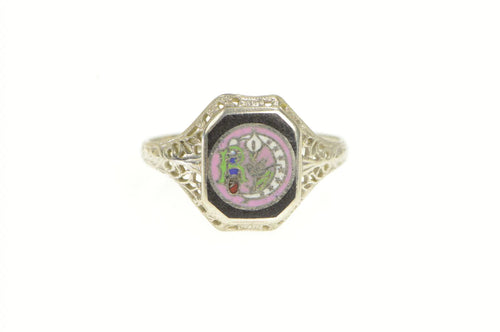 10K Daughters of Rebekah Art Deco Enamel Filigree Ring White Gold